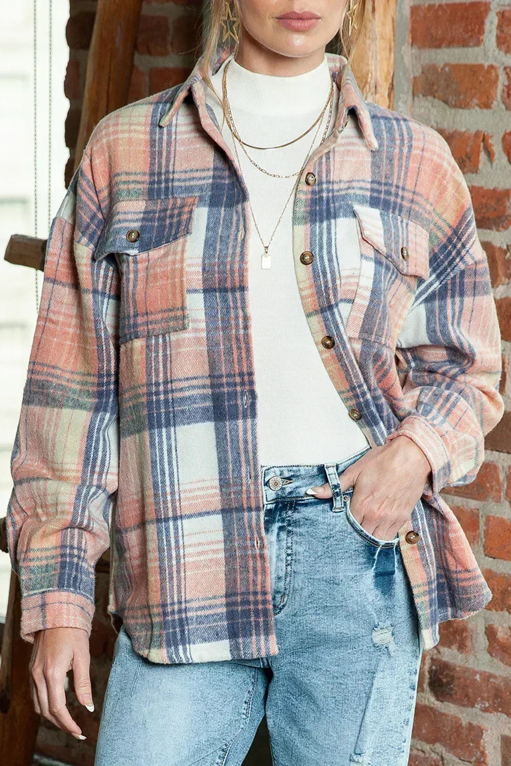Pink & Grey Button Up Plaid Flannel Shacket – Femstylo