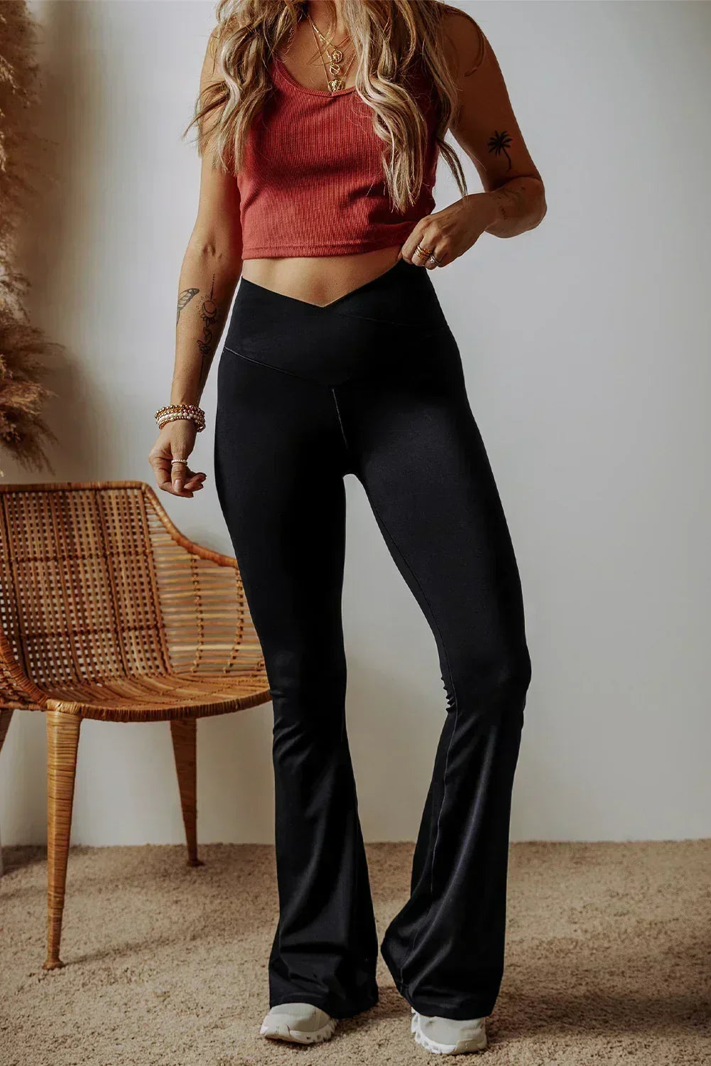 Dark Grey V Shape High Waist Flared Leggings Femstylo