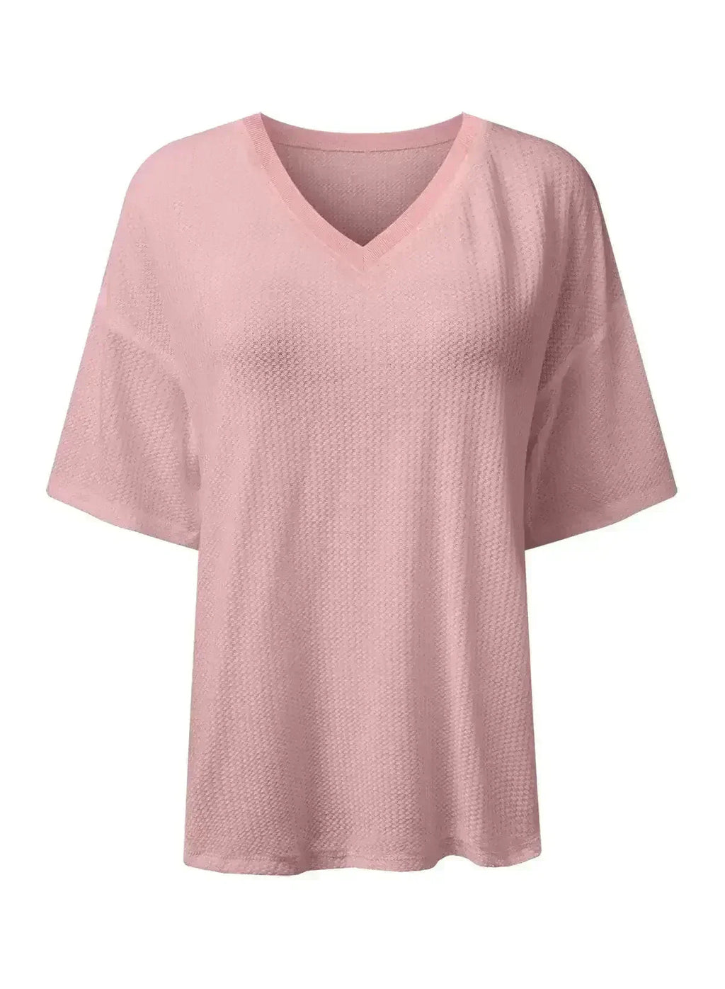White Waffle Texture V Neck Drop Shoulder Loose Tee