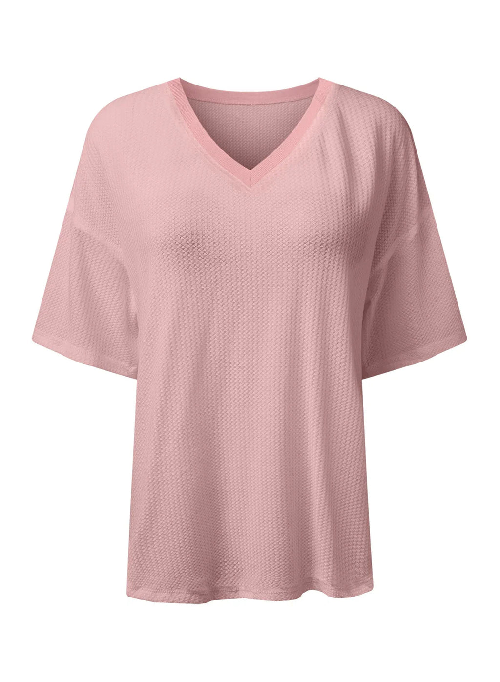 White Waffle Texture V Neck Drop Shoulder Loose Tee