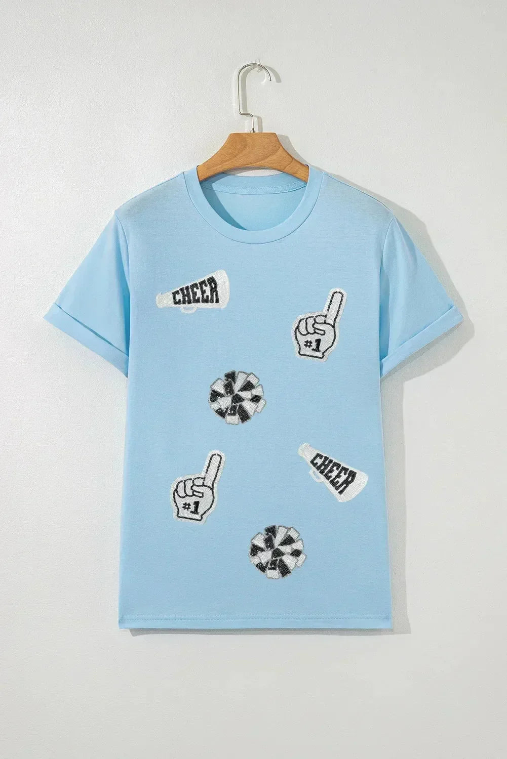 Light Blue Cheer Game Day Element Sequin Patched T Shirt