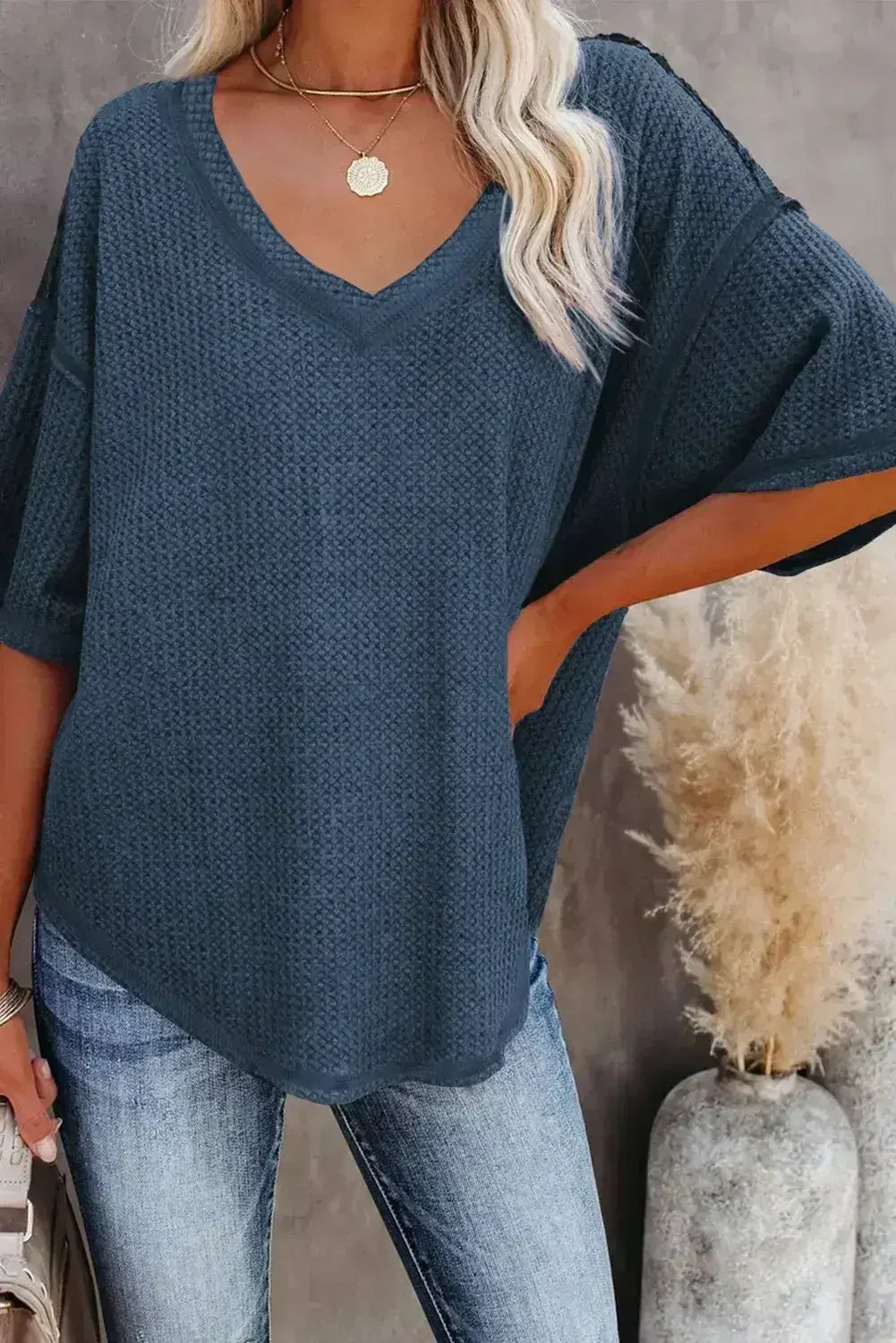 Blue Exposed Seam Drop Sleeve V Neck Waffle Textured Top