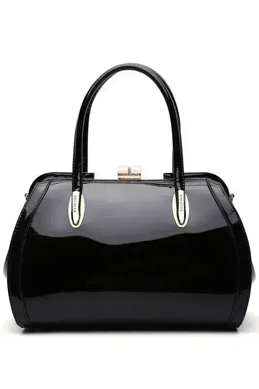Patent Satchel Handbag - Gold Accent Faux Leather Bag | Femstylo