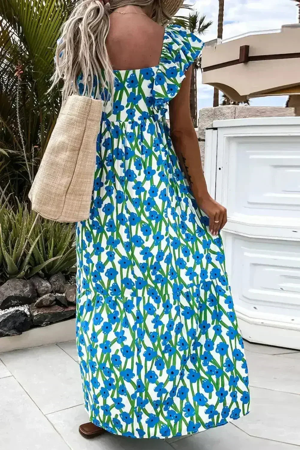 Pink Floral Print Square Neck Ruffled Strap Maxi Dress