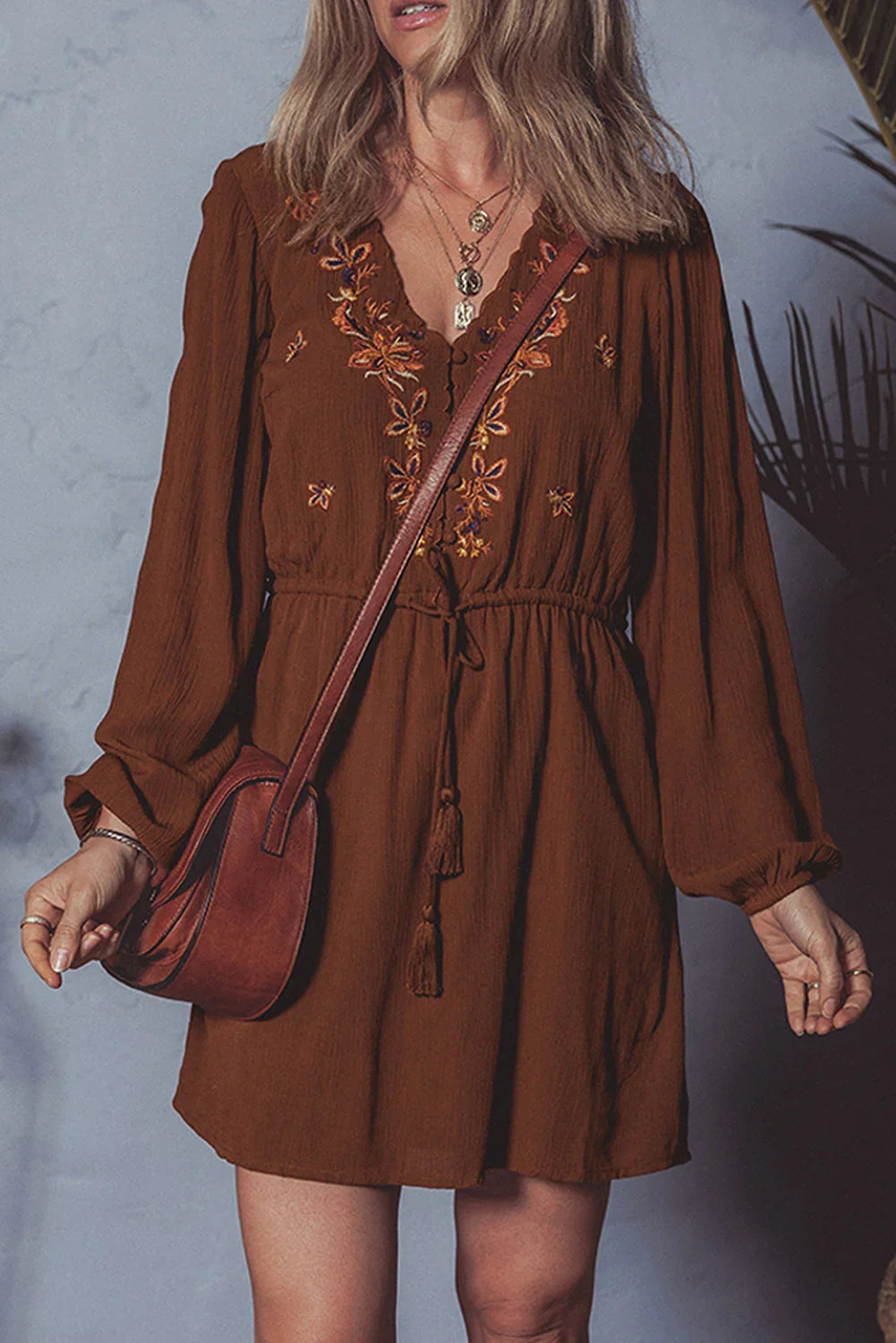 Burgundy Floral Embroidered Tassel Tie Waist Long Sleeve Mini Dress