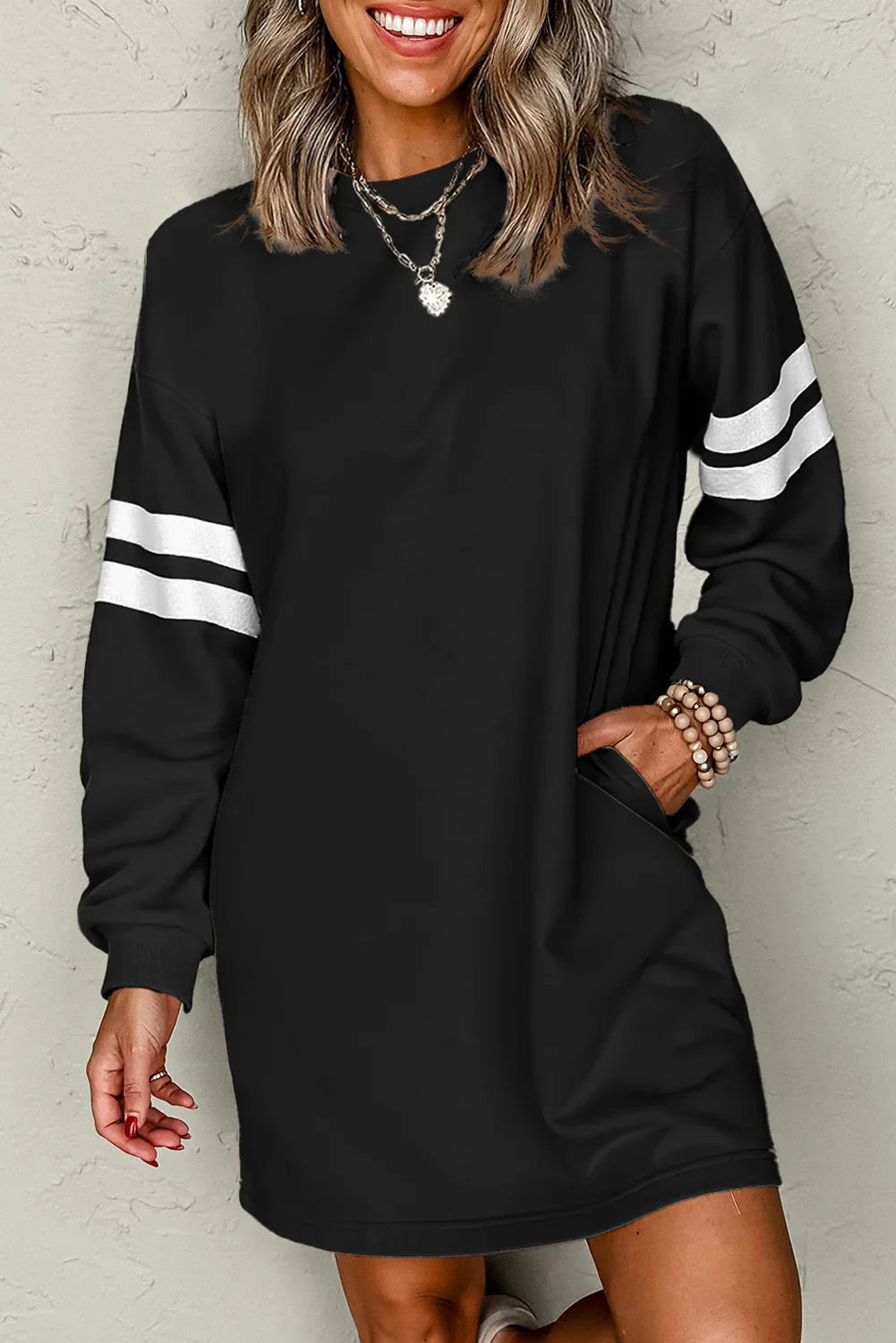Black Preppy Striped Sleeve Loose Mini Dress