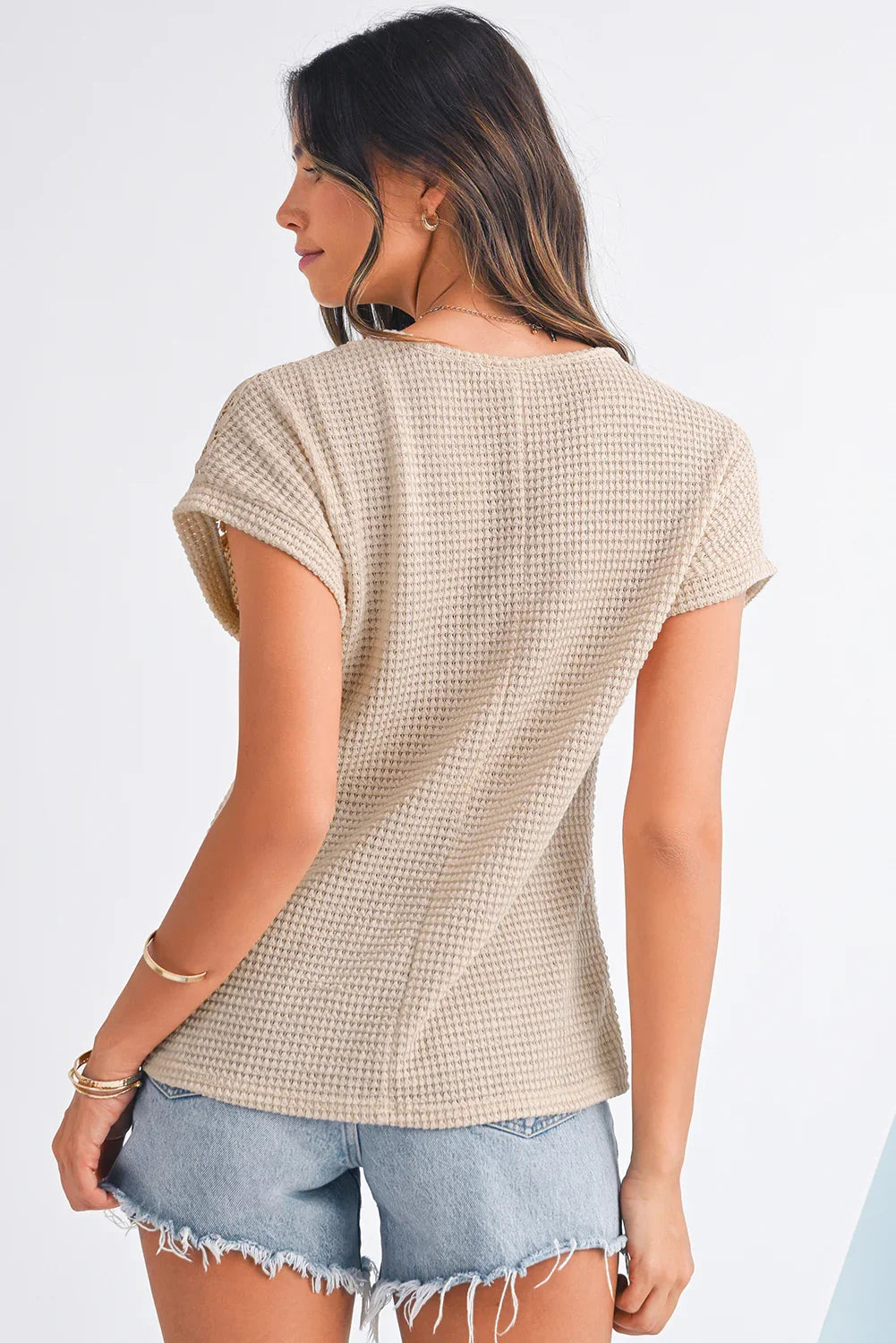 Mist Green Hollow Patchwork Waffle Knit Top