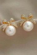 Gold Bowknot Pearl Earrings | Rhinestone Accent Jewelry - Femstylo