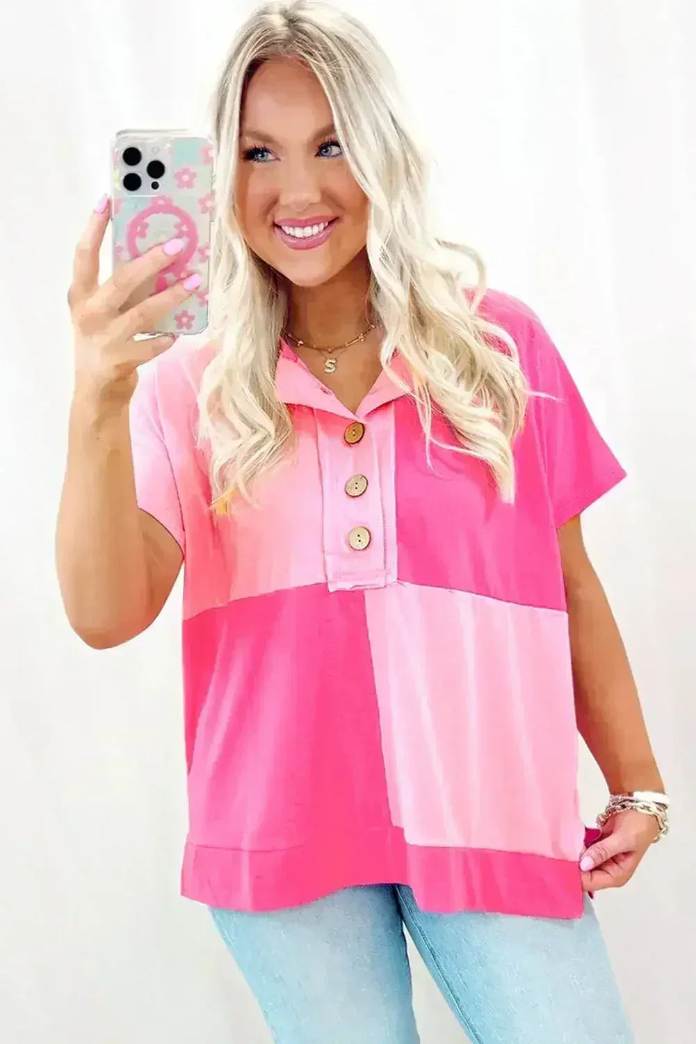 Mint Green Colorblock Half Buttons Henley T Shirt