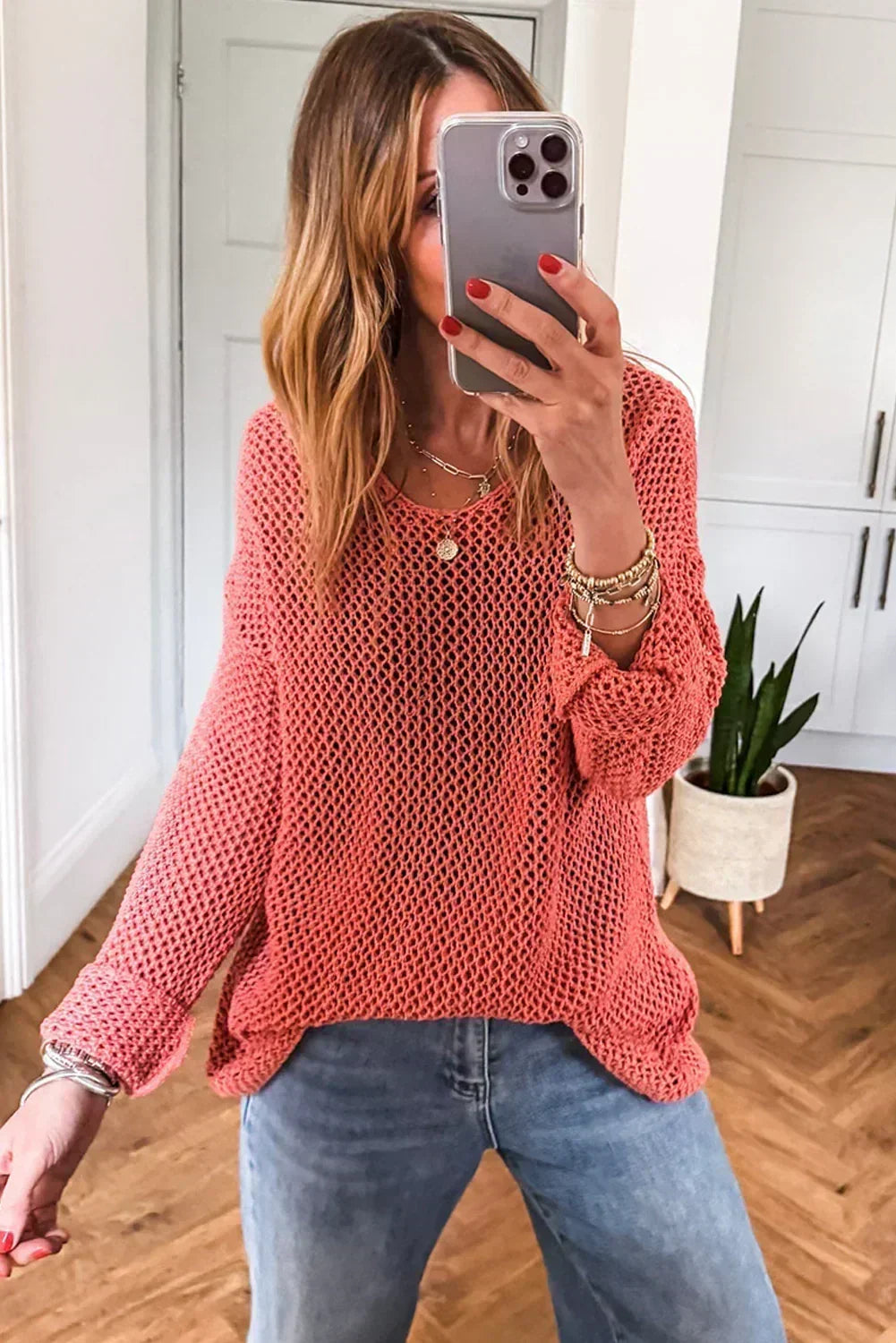 Smoke Gray Crochet Hollow-out Knit Sweater