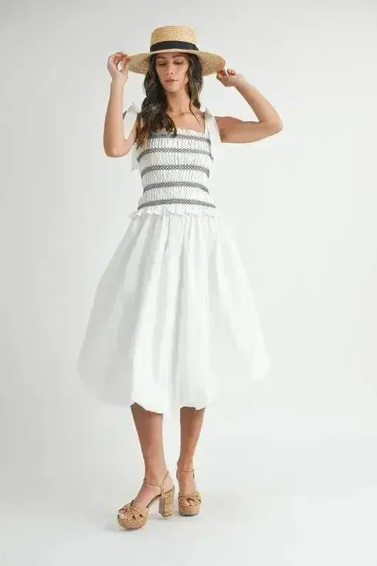 MABLE Smocked Bodice Bubble Midi Dress