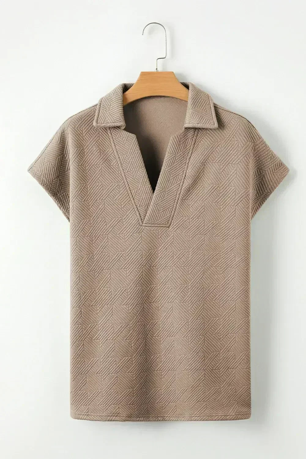 White Textured V Neck Collared Split Hem T Shirt