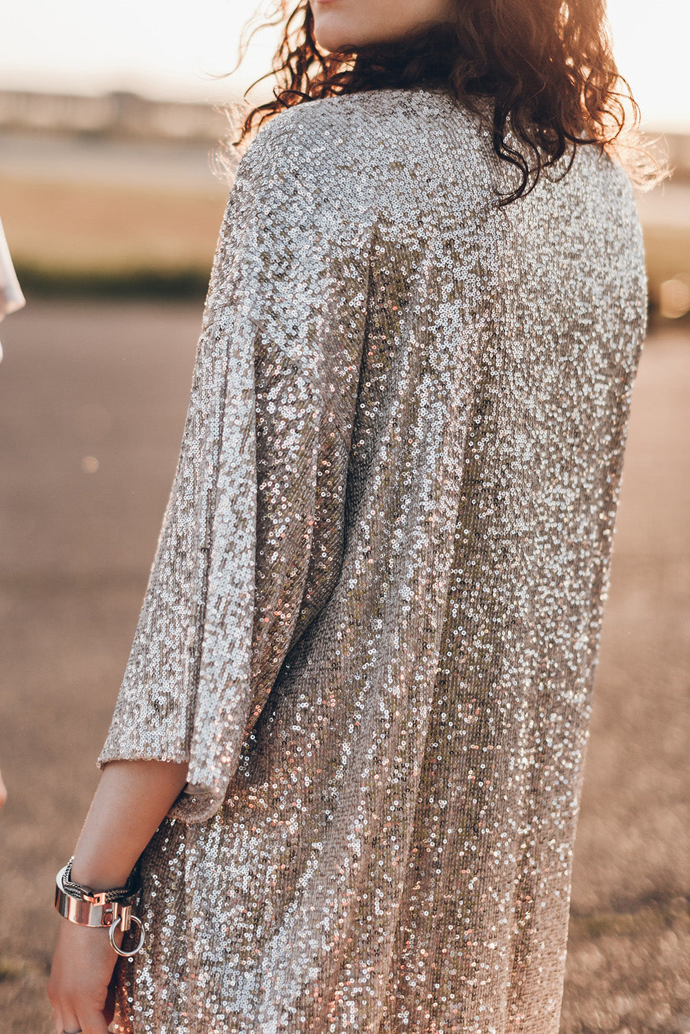 Apricot Sequin 3/4 Sleeve Open Front Duster Cardigan - Femstylo