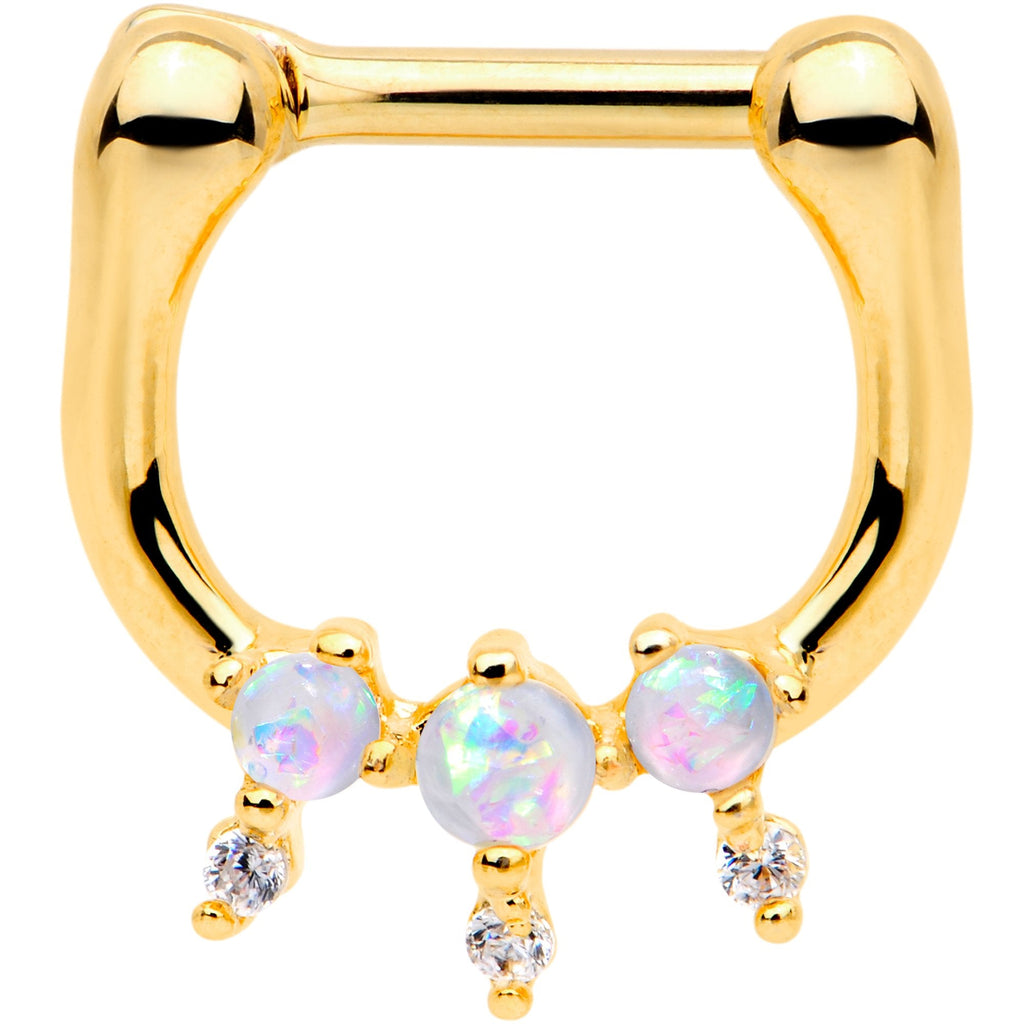 1/4 White Faux Opal Gold Tone Anodized Tri Spike Nipple Clicker Set