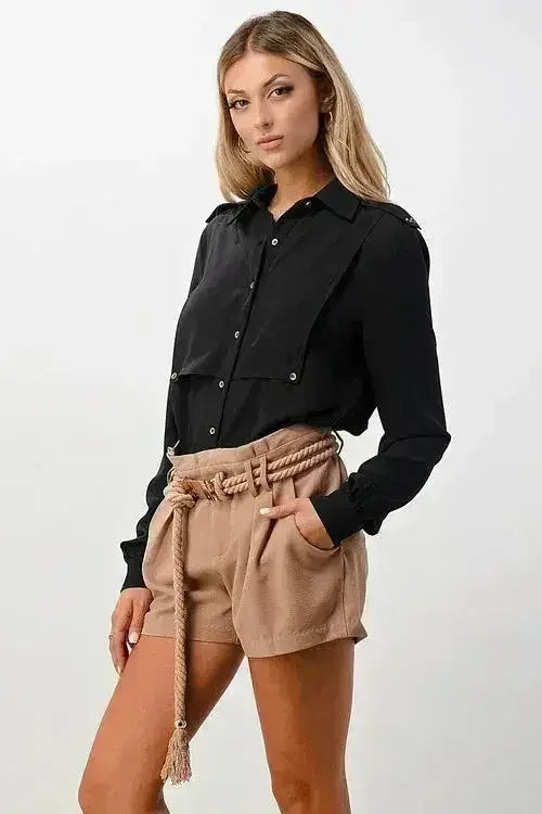 Oversized Military Blouse – Gold Button Long Sleeve Top | Femstylo