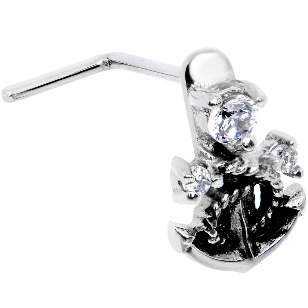 20G 1/4 Clear CZ Gem Nautical Anchor Faux Hoop L Shape Nose Ring