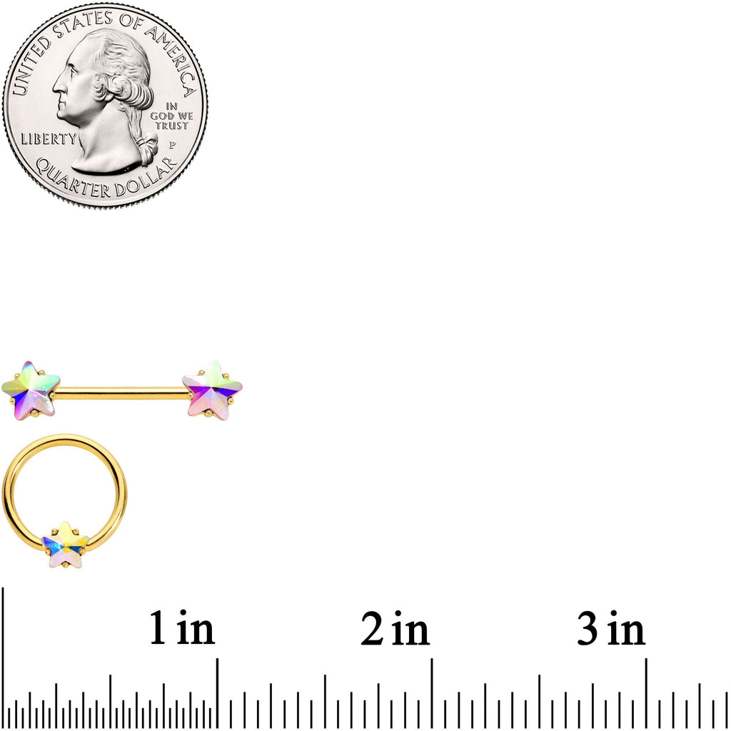14G Aurora Star Gem Gold Tone BCR Barbell Nipple Ring Set
