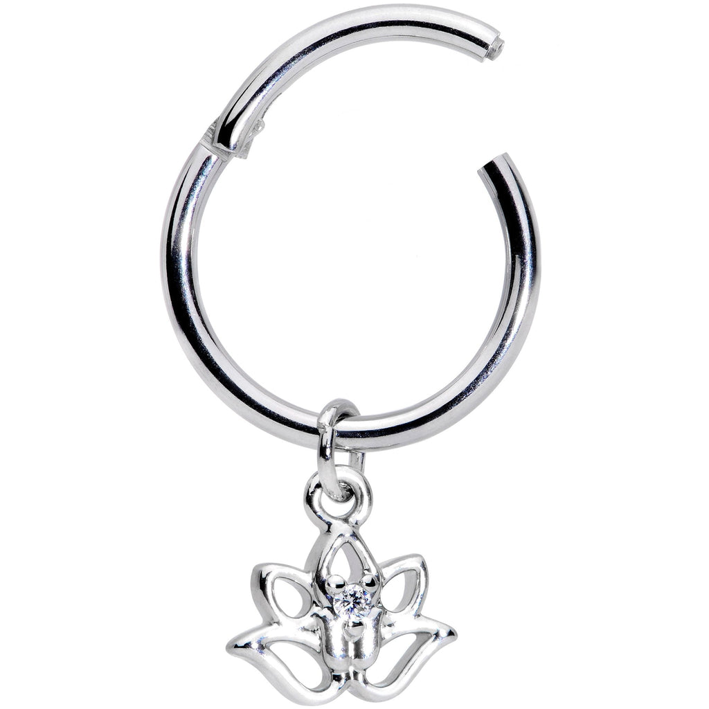 16G 3/8 Clear CZ Gem Lotus Flower Dangle Hinged Segment Ring