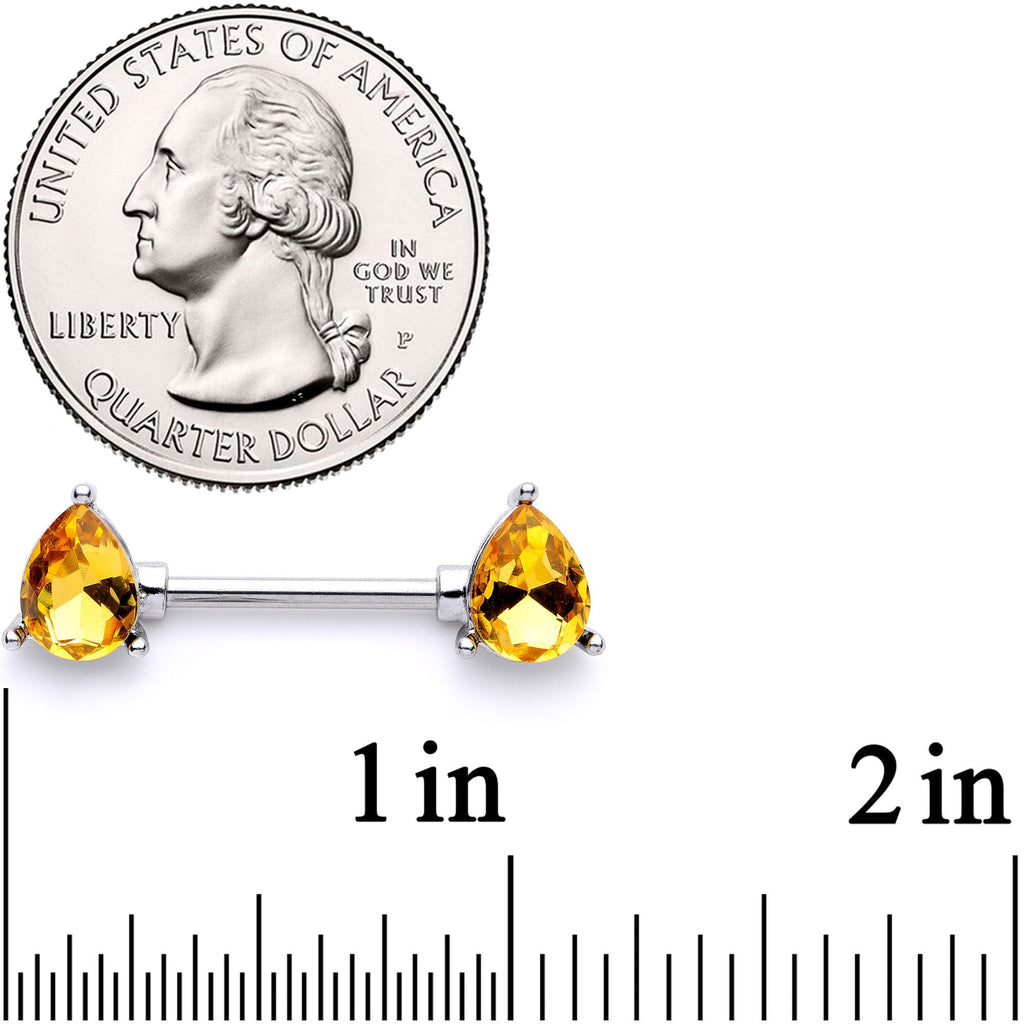 14G 9/16 Yellow Gem Teardrop Barbell Nipple Ring Set