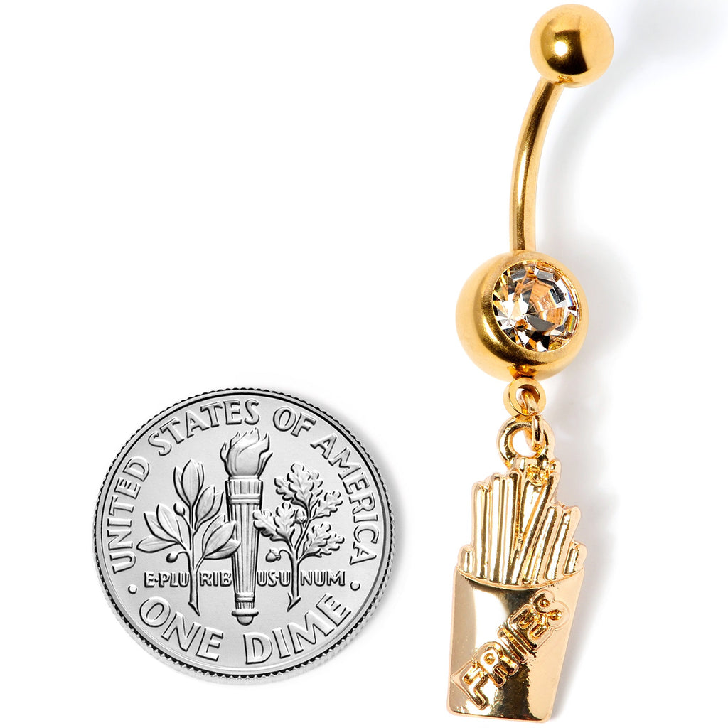 Clear Gem Gold Tone Fast Food French Fries Dangle Belly Ring
