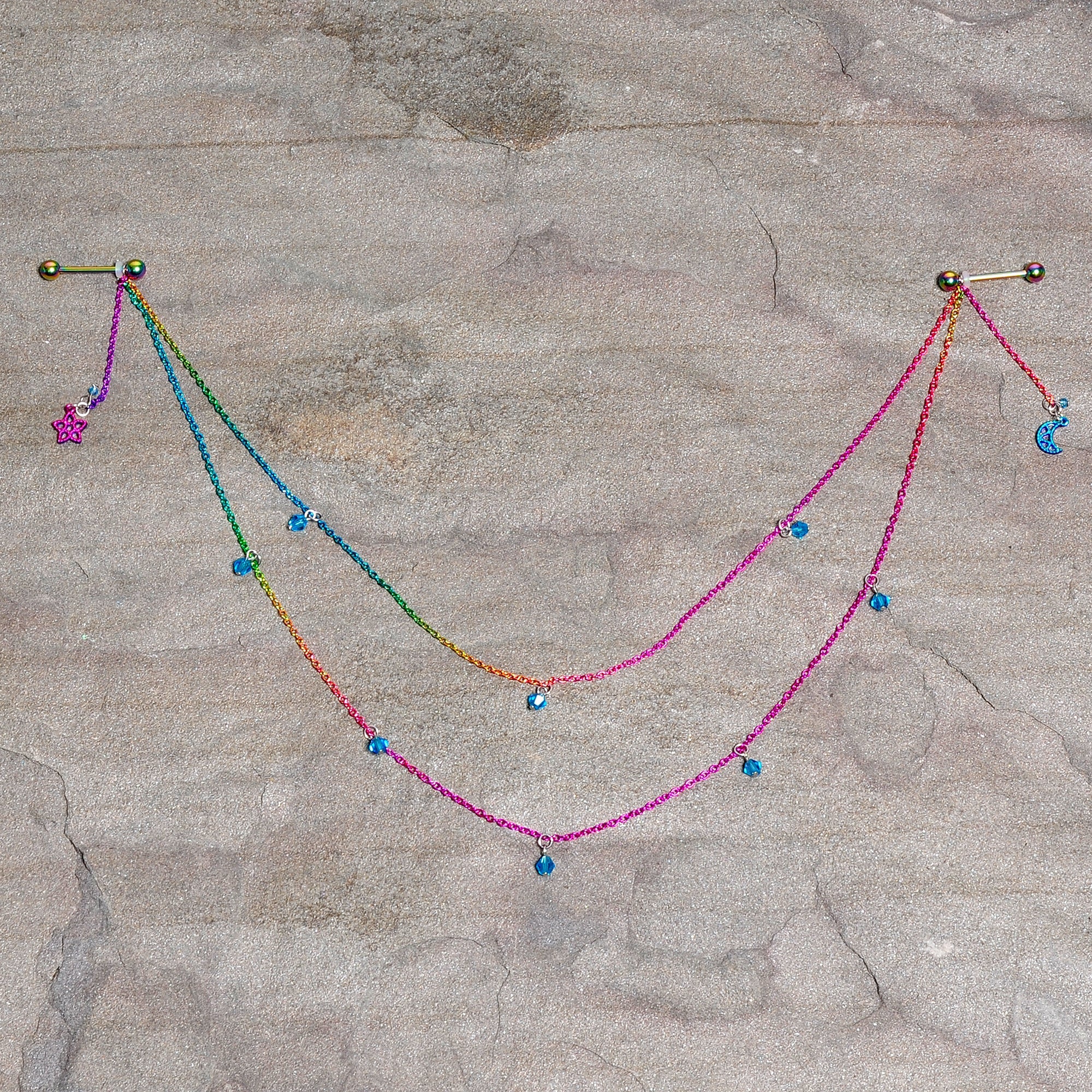 14G 5/8 Blue Gem Rainbow Moon Star Double Dangle Nipple Chain