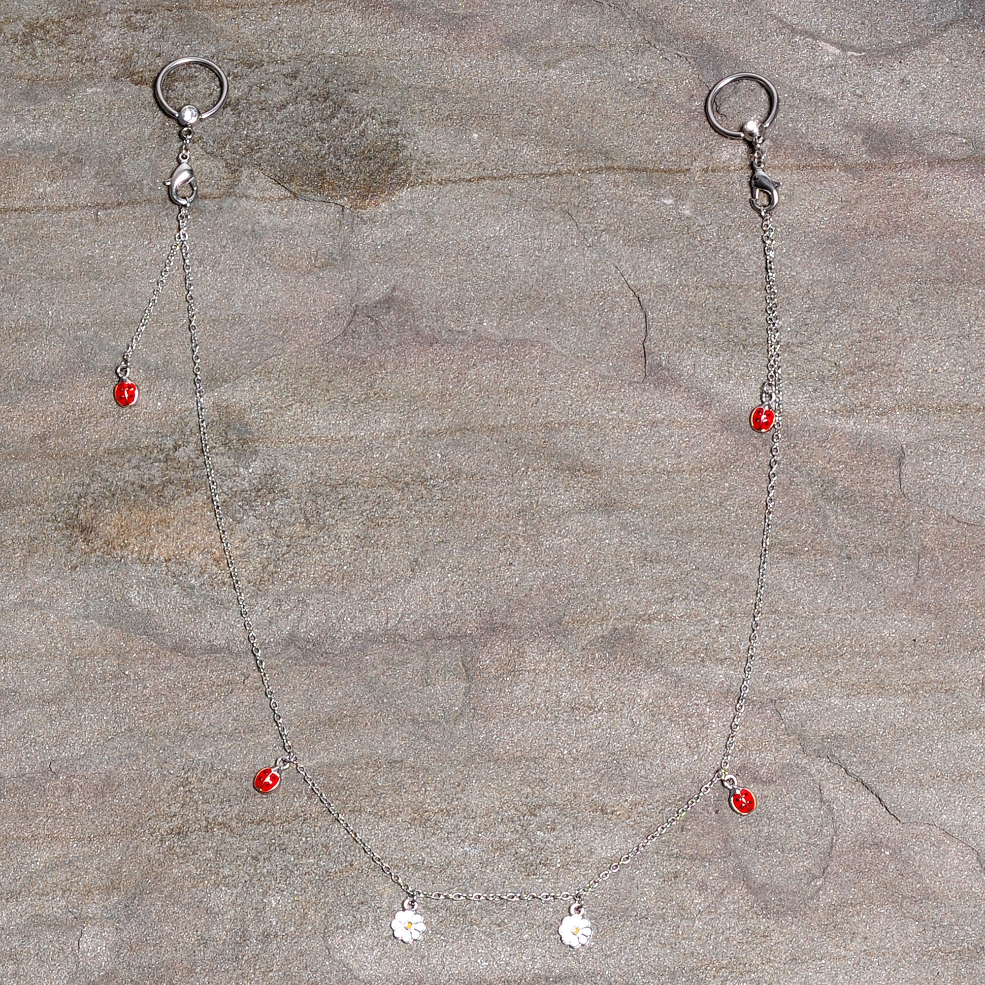 14G 9/16 Clear Gem Ladybug BCR Captive Ring Dangle Nipple Chain
