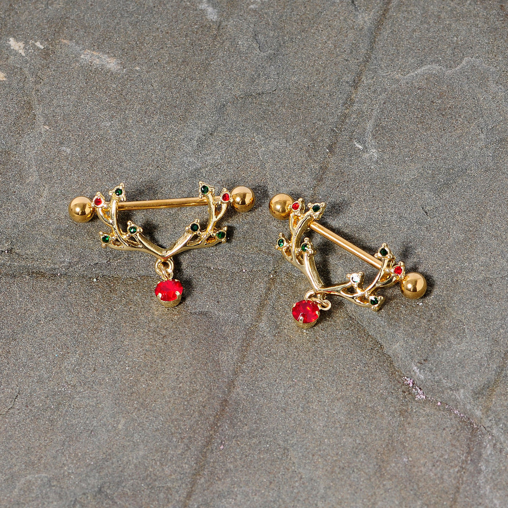 14G 25mm Red Green Gem Reindeer Antler Holiday Nipple Shield Set