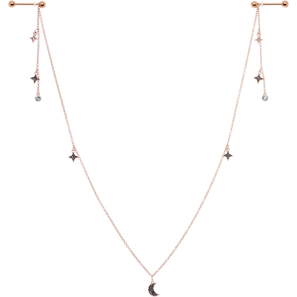 14G 9/16 Black Gem Rose Gold Tone Moon Dangle Nipple Chain