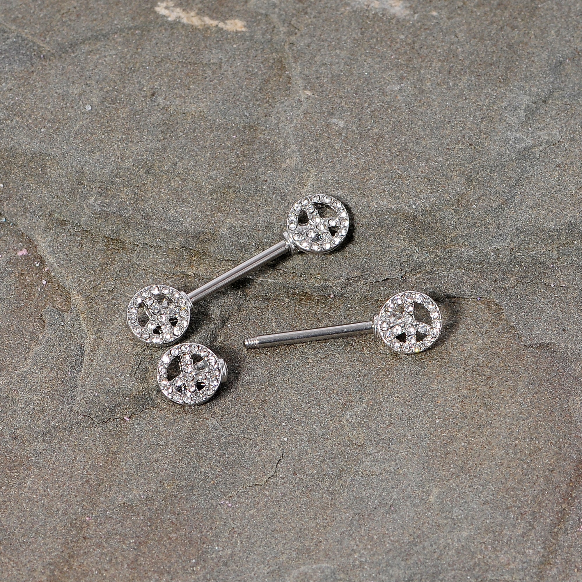14G 9/16 Clear Gem Retro Peace Sign Barbell Nipple Ring Set