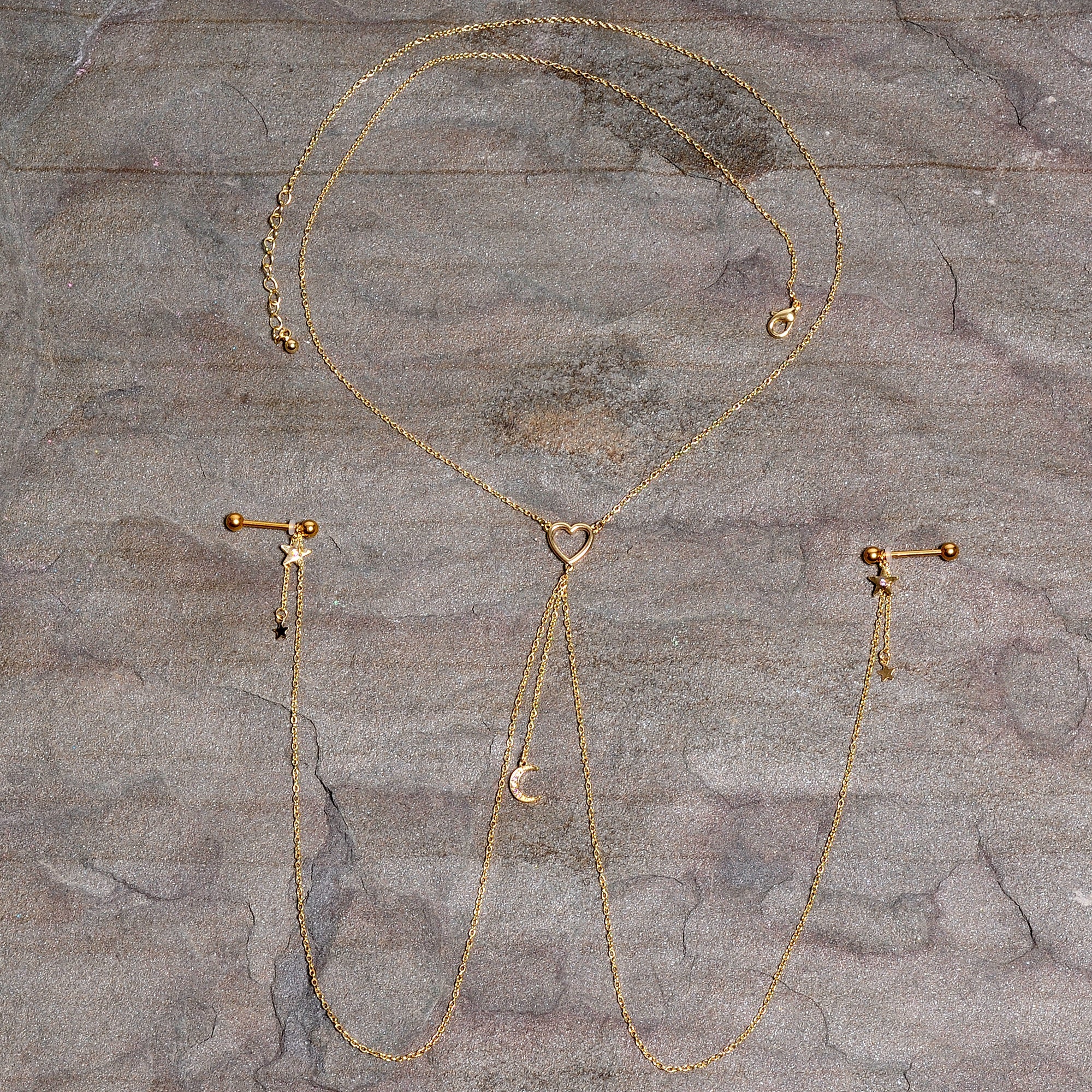 14G 5/8 Aurora Gem Gold Tone Heart Star Nipple Chain Necklace