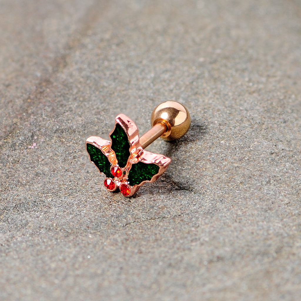 16G 1/4 Red Gem Rose Tone Mistletoe Christmas Cartilage Tragus