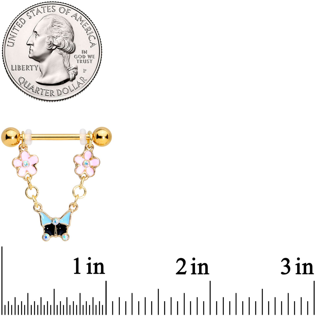 14G 5/8 Aurora Gem Gold Tone Flower Dangle Nipple Ring Set