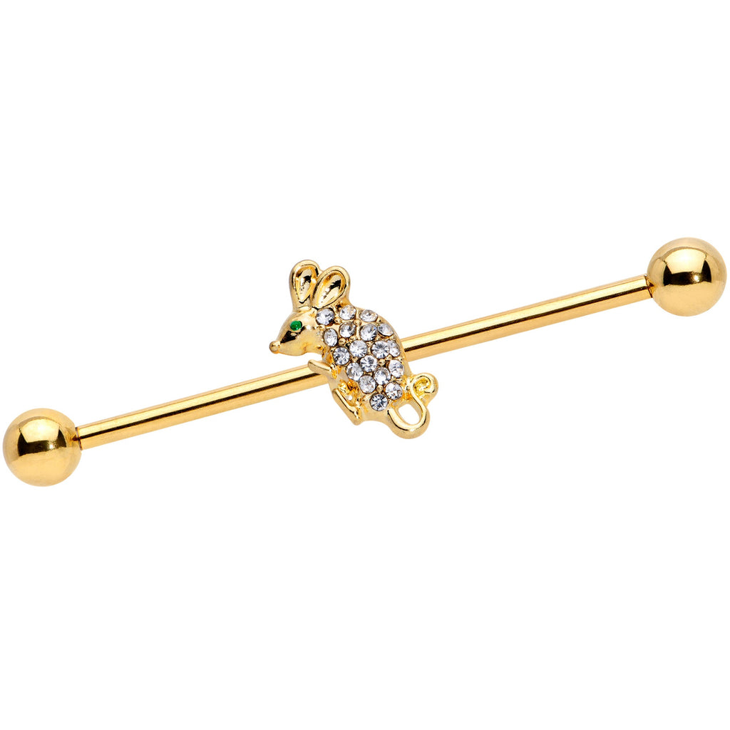 14G Clear Aqua Gem Gold Tone Mouse Industrial Barbell 38mm