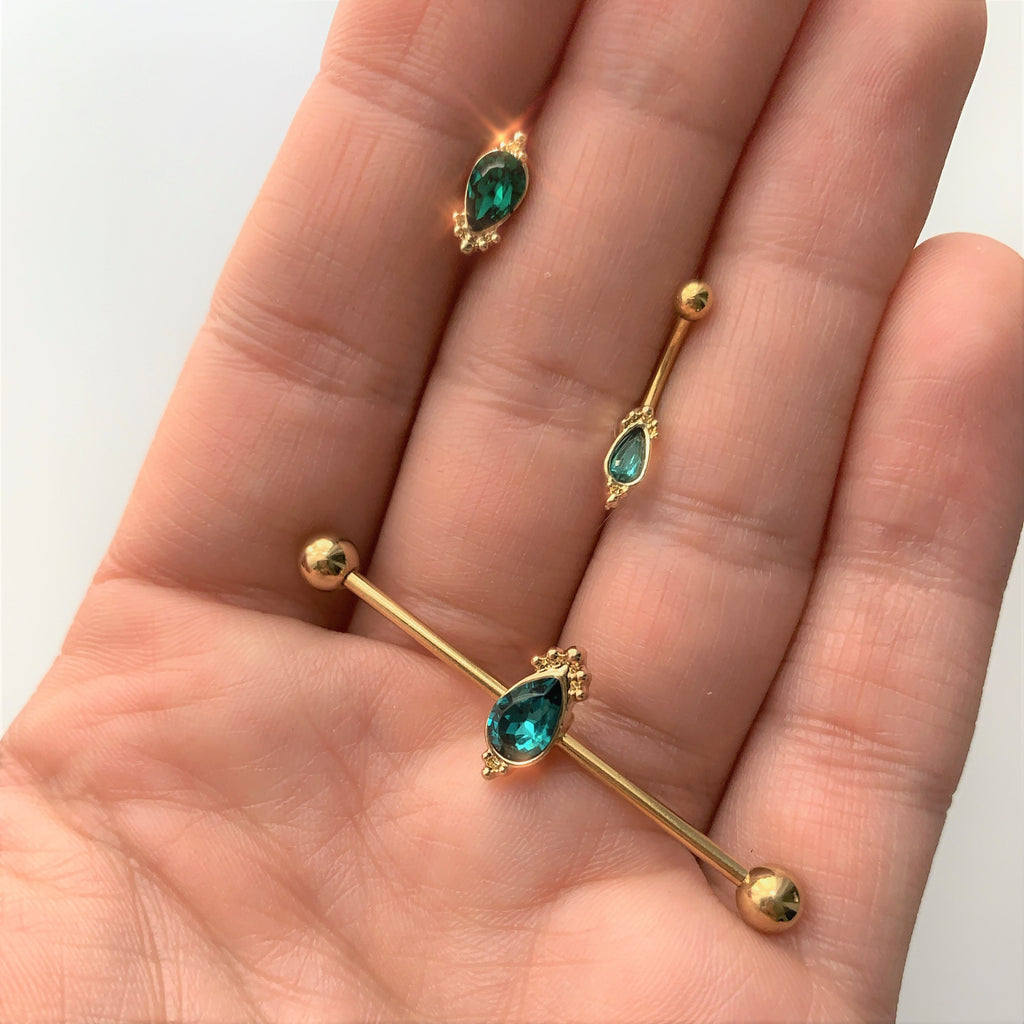 16G 1/4 Green Gem Gold Tone Drop Cartilage Tragus