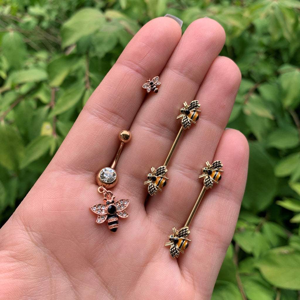 14G 9/16 Black Gem Gold Tone Bumblebees Barbell Nipple Ring Set