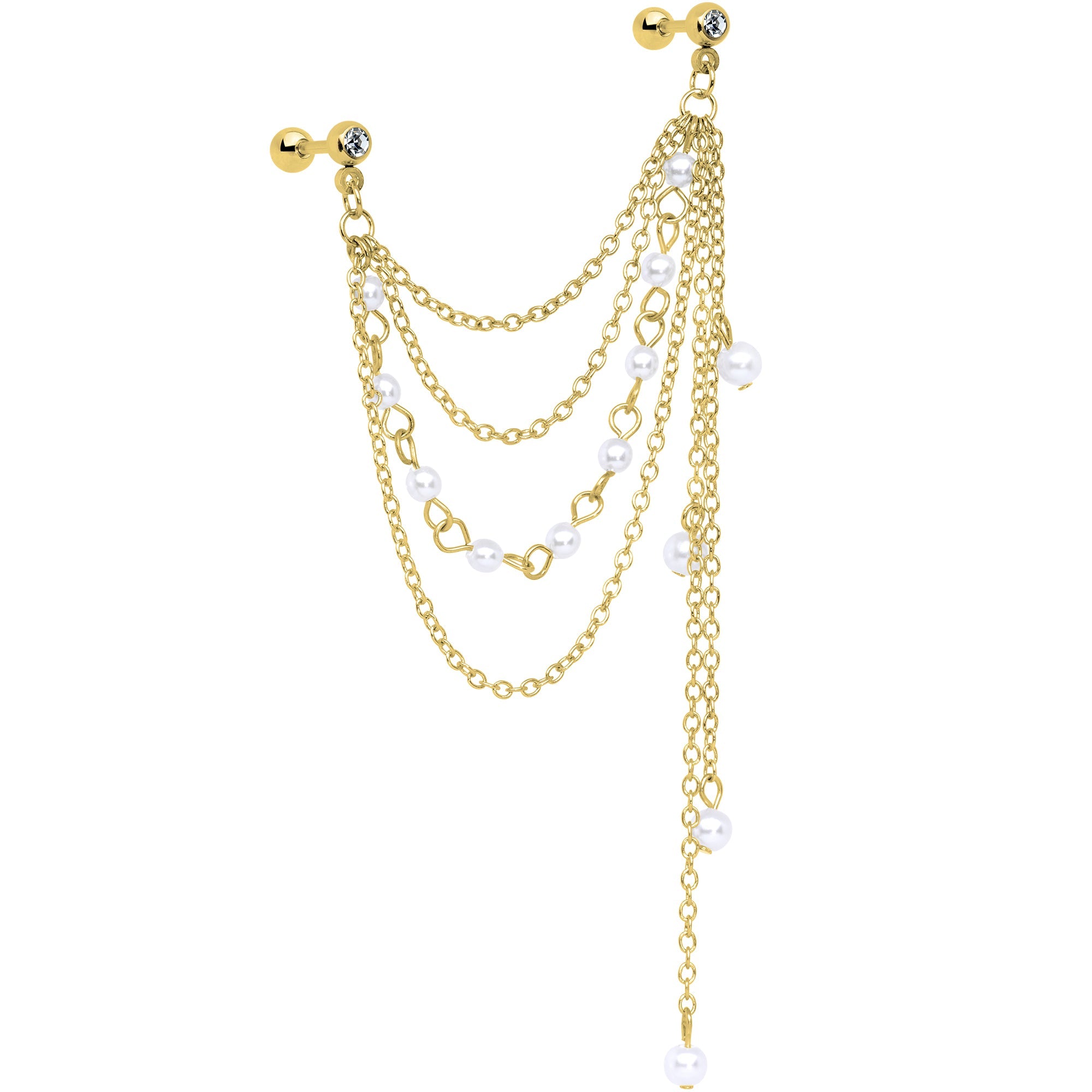 16G 1/4 Clear Gem Gold Hue Dangle Cartilage Chain Earring