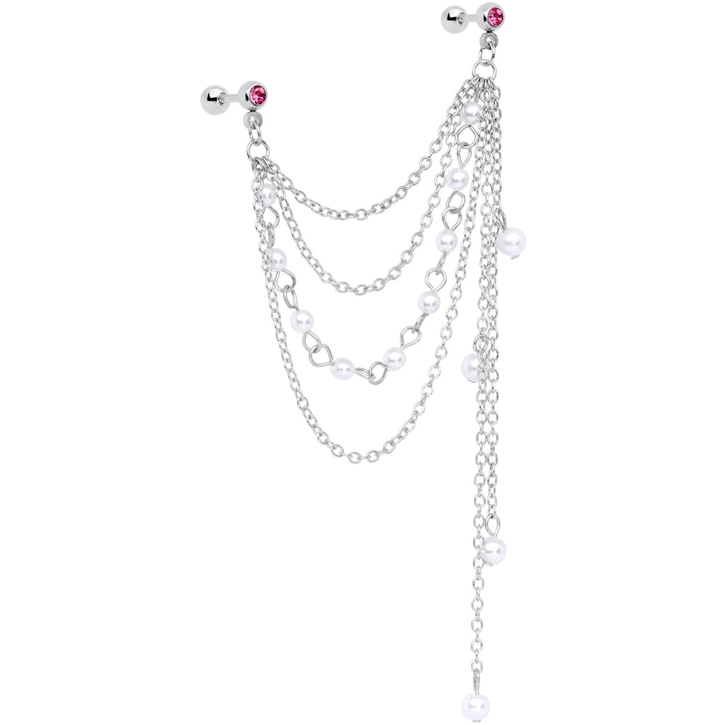 16G 1/4 Pink Gem Multiple Dangle Cartilage Chain Earring