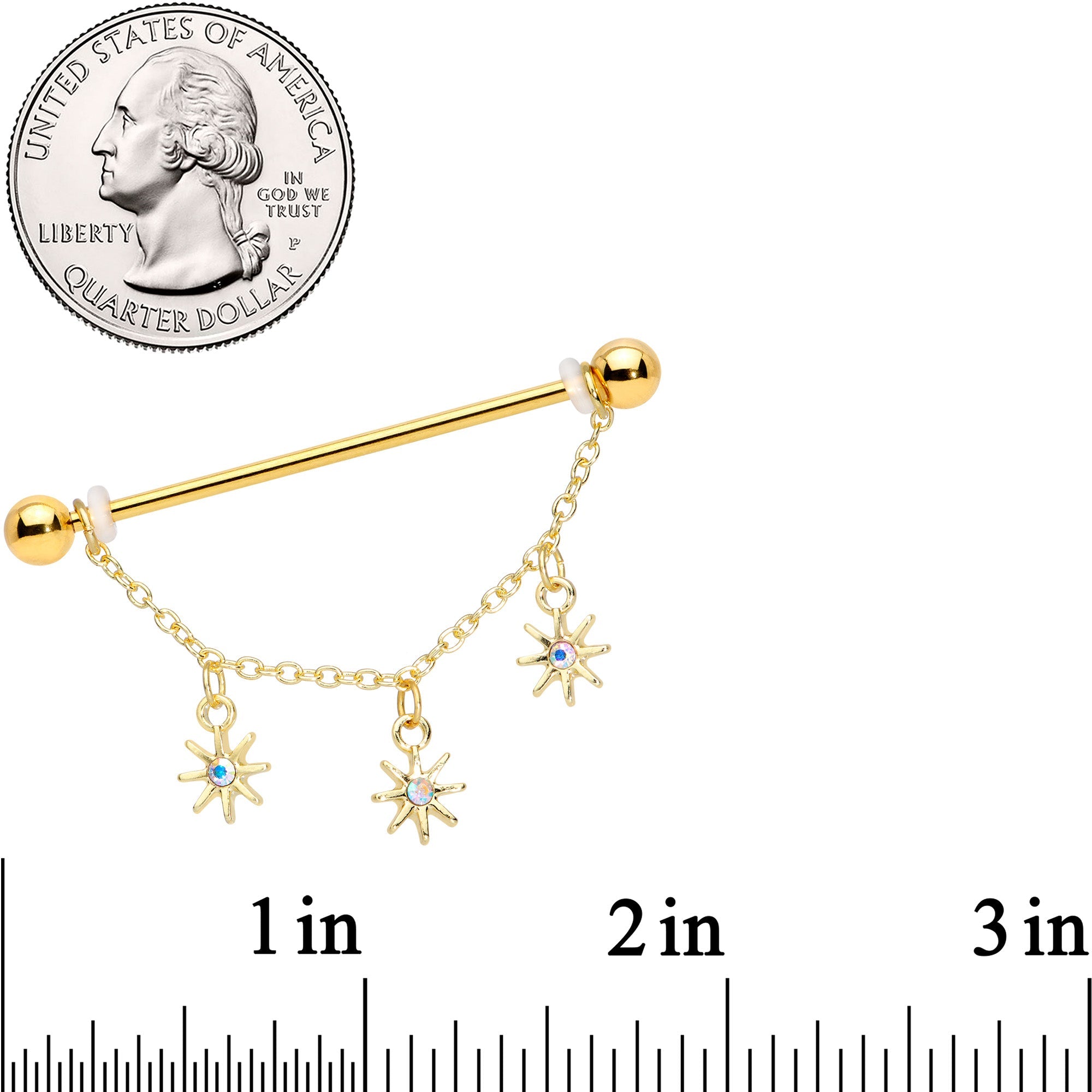 14G Aurora Gem Gold Tone Stars Dangle Industrial Barbell 38mm