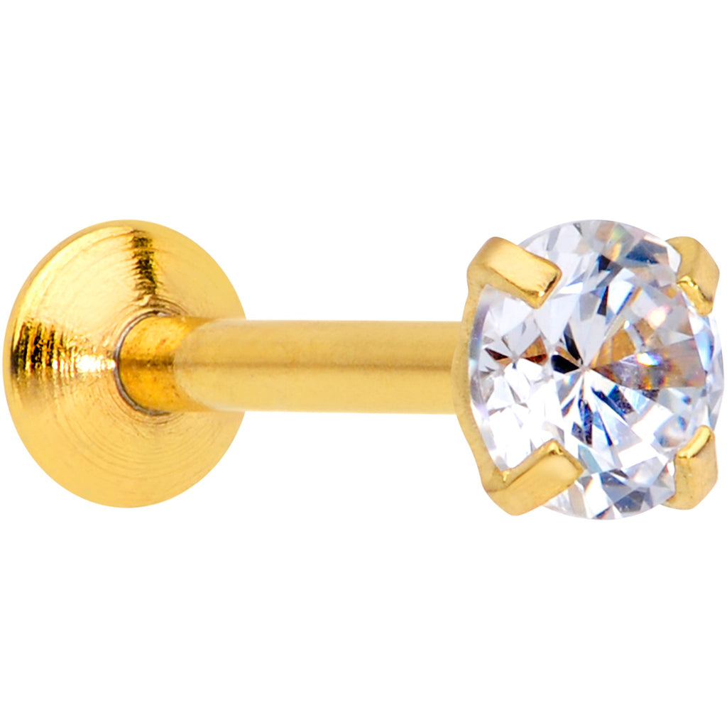 18G 1/4 CZ Gem Gold PVD 3mm Threadless Push In Labret Tragus