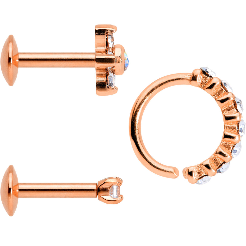 16G Clear CZ Gem Rose Gold Tone Cartilage Labret Closure Ring Set of 3