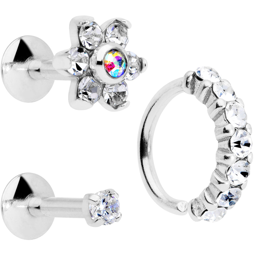 16G Clear CZ Gem Cartilage Labret Closure Ring Set of 3