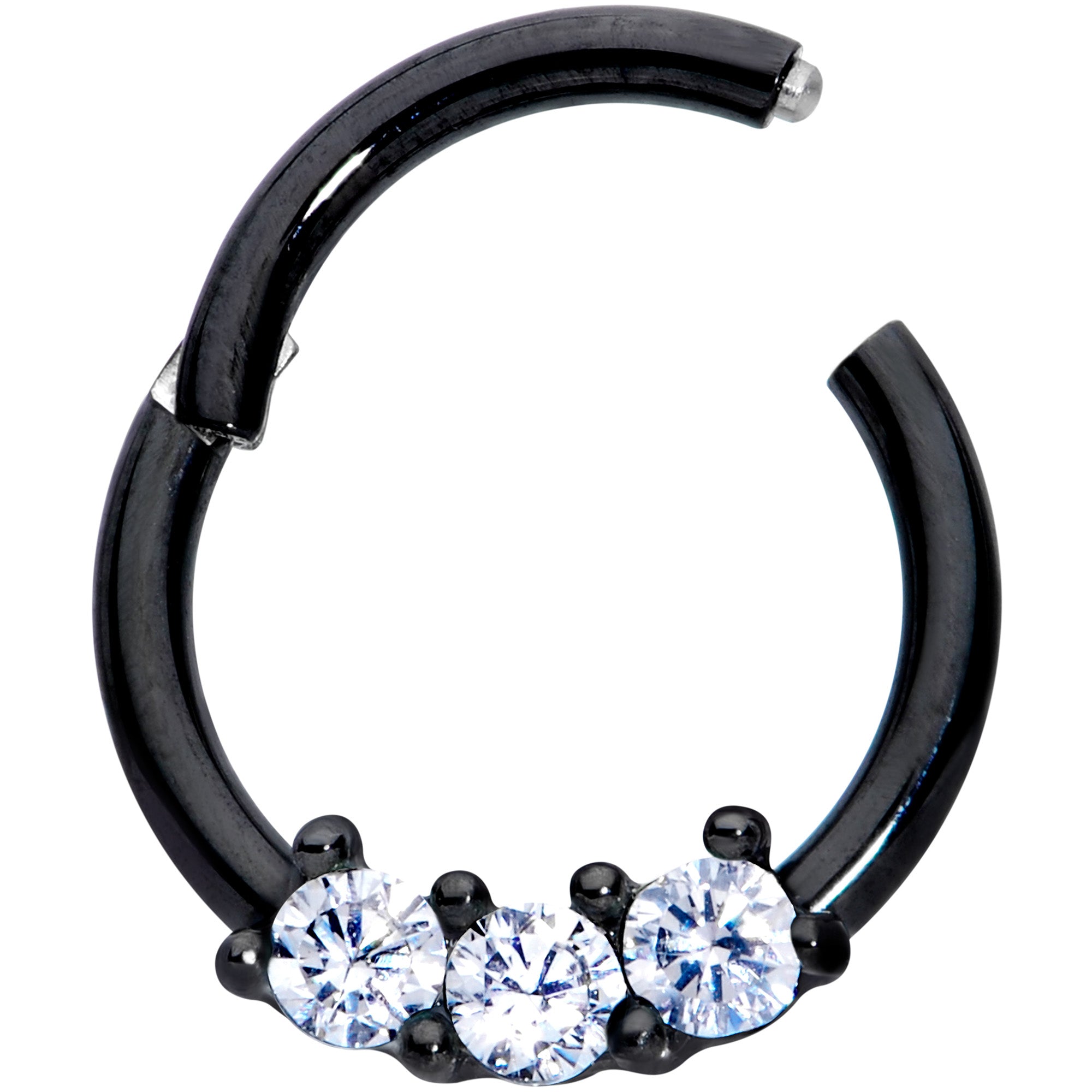16G 5/16 Clear CZ Gem Black Trio Hinged Segment Ring