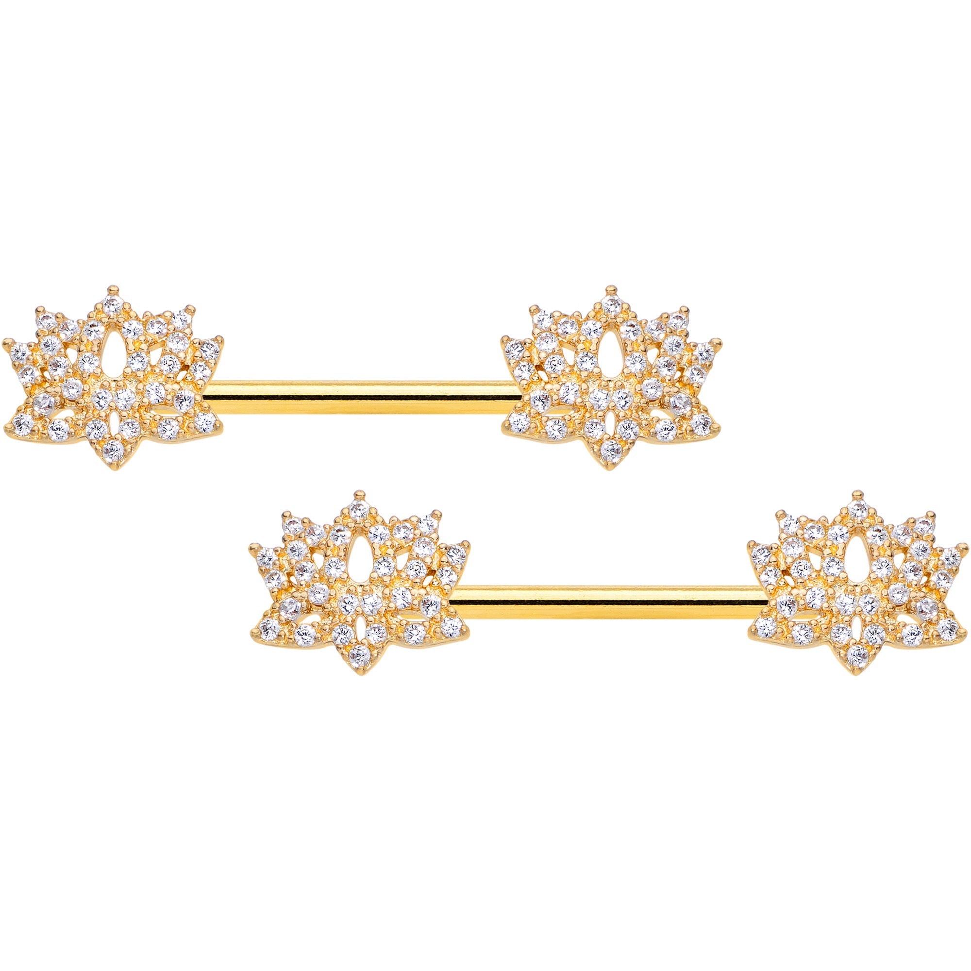 14G 9/16 Clear CZ Gem Gold Tone Lotus Flower Nipple Ring Set