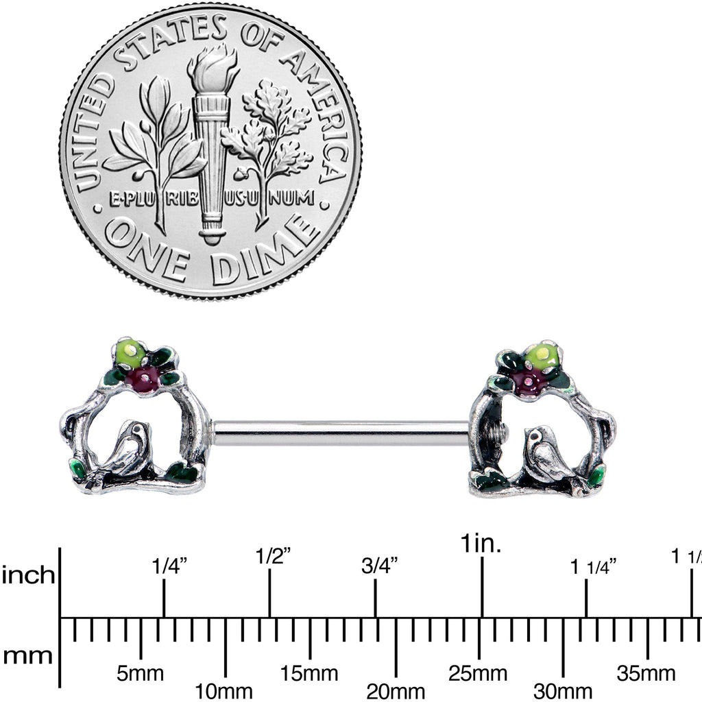 14G 9/16 Purple Yellow Flower Swing Bird Barbell Nipple Ring Set