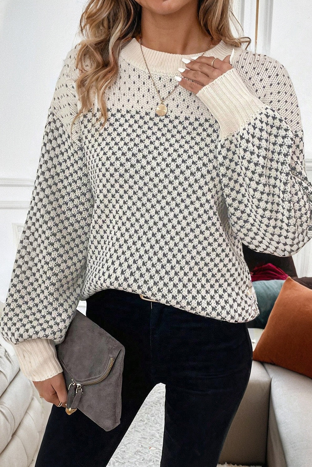 Black Colorblock Bishop Sleeve Knit Sweater