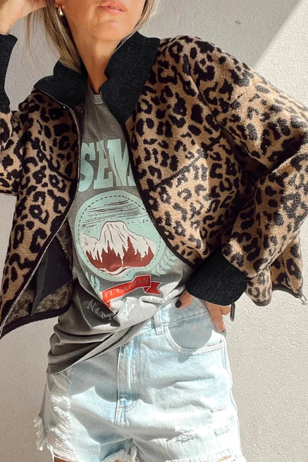 Khaki Leopard Print Zip Up Stand Neck Side Pocket Jacket