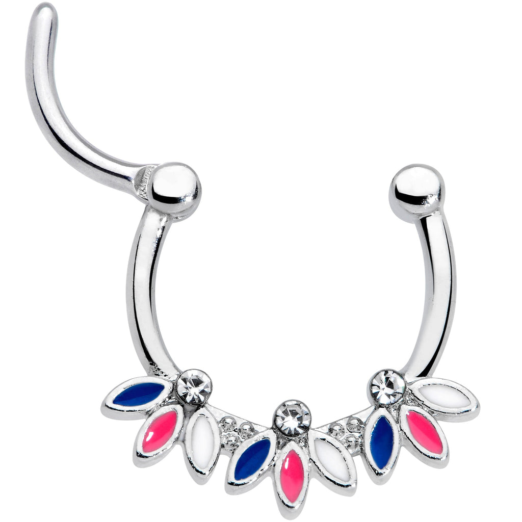 16G 3/8 Clear Gem White Pink Blue Leaves Septum Clicker