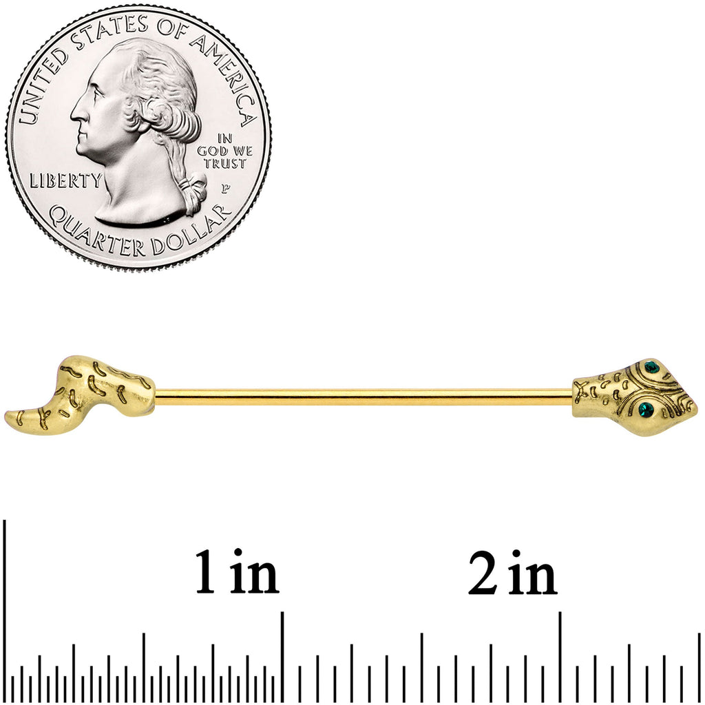 14G Green Gem Gold Tone Tribal Snake Industrial Barbell 38mm