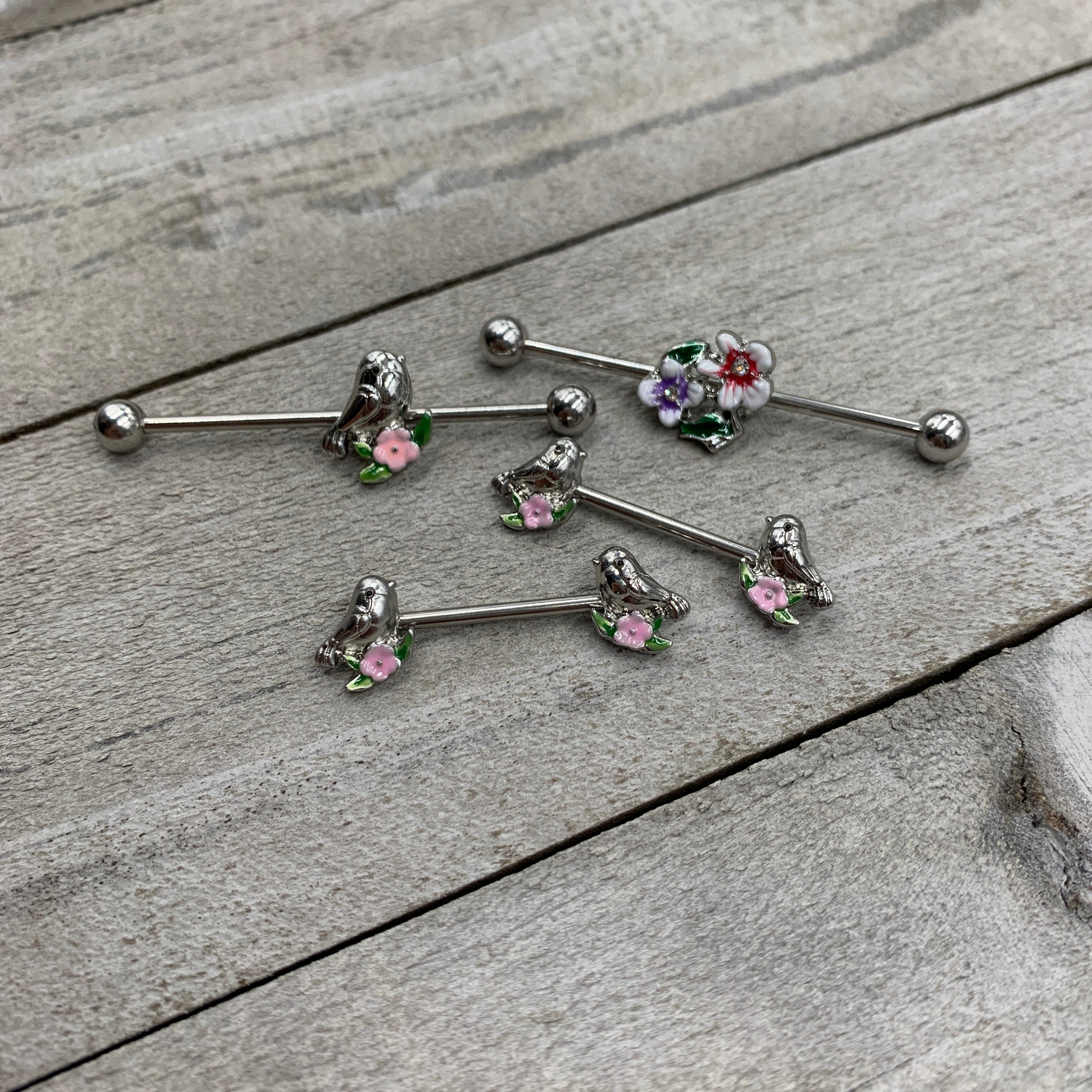 14G Bird Pink Flower Industrial Barbell 38mm