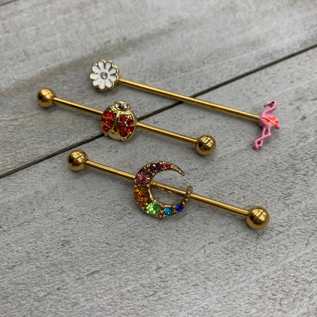 14G Rainbow Gem Gold Tone Crescent Moon Industrial Barbell 38mm